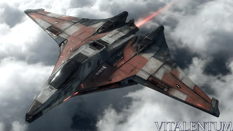 Stealth fighter glides above clouds with red exhaust trail.