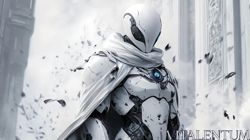 Gentle white android guardian wrapped in flowing scarf.