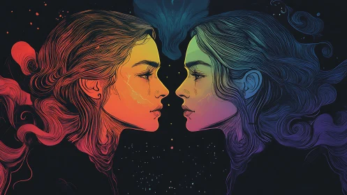 Dual-color mirrored portraits in swirling cosmic hair.