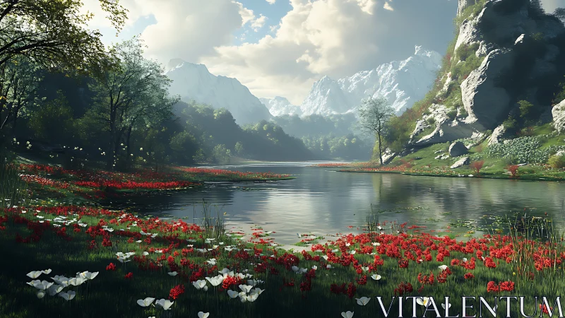 Mountain lake panorama with snow peaks and flower meadow.