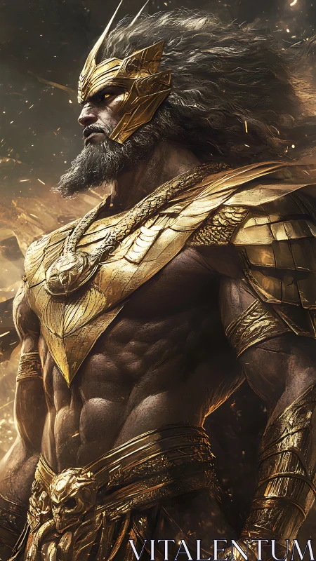 Armored mythic warrior in ornate golden battle regalia.