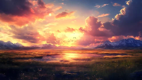 Radiant sunset ignites tranquil mountain marshland horizon.