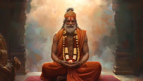 Meditating sage in orange robes under diffused temple backlight