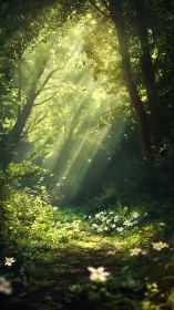 Sunlit forest glade with drifting petals and luminous haze.