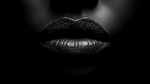 Close-up of glossy black lips in stark low-key lighting.