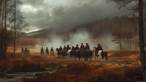Mounted riders move through foggy valley under heavy clouds