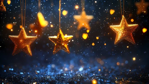 Golden glitter star ornaments with bokeh night glow.