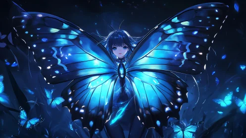 Luminous blue butterfly guardian in ethereal anime composition.