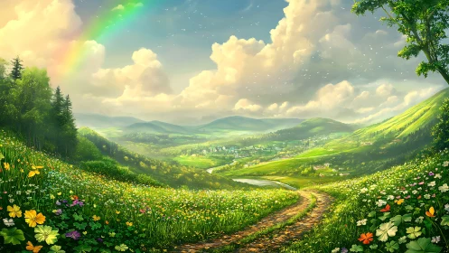 Radiant valley panorama with floral meadow and spectral rainbow.