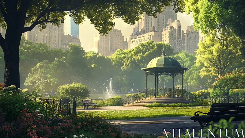 Sunlit city park gazebo glows softly against urban skyline