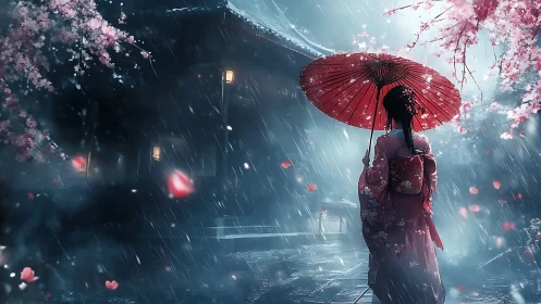 Geisha under red umbrella in rainy cherry blossom street.