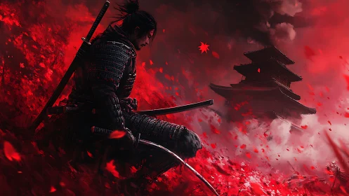 Wounded samurai kneels amid crimson battlefield turmoil.