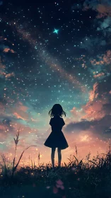 Silhouetted girl observes star-dense twilight sky in anime style
