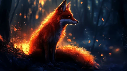 Luminous ember fox in glowing blue twilight forestscape.