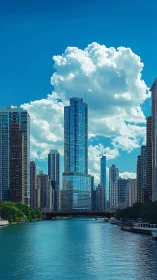 Sparkling riverfront skyscrapers beneath towering clouds.