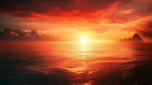 Red-orange seascape sunset with distant dark headland.