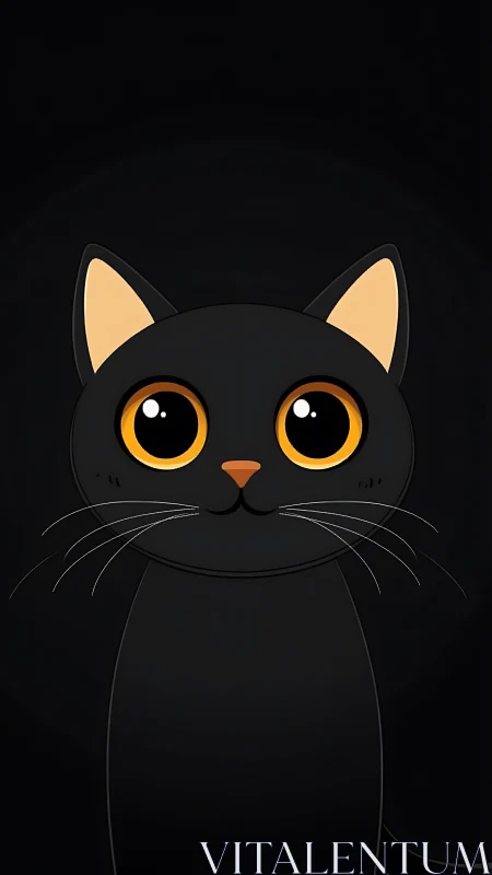 Black cat portrait with amber eyes on dark background.