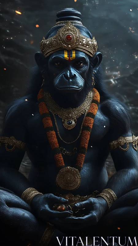 Hyper-realistic blue simian deity rendered with intricate gold regalia