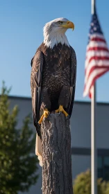 Bald eagle on urban perch in crisp afternoon backlight.