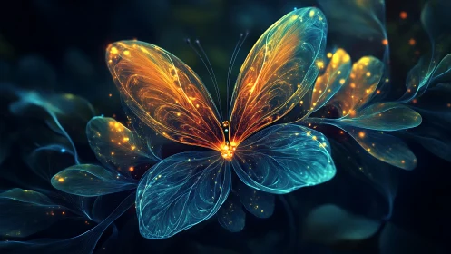 Bioluminescent butterfly rendered with glowing filament wings