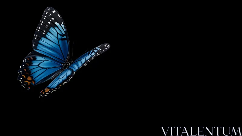 Vivid blue butterfly in high-contrast realism on black background.