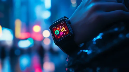 Neon night wrist orbit where emojis glow like tiny planets.