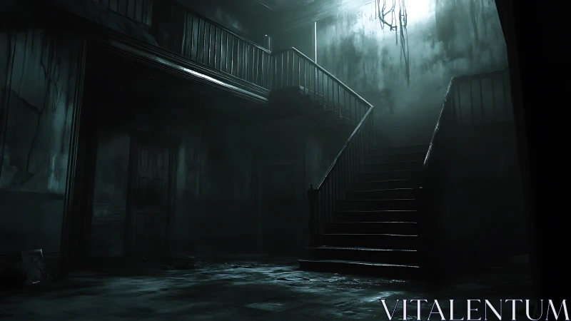 Dilapidated interior staircase in dark abandoned building.