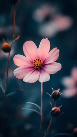 Pink Cosmos Flower with Golden Stamen Center Against Deep Teal Bokeh Background.