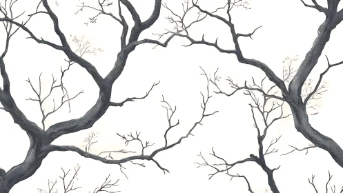 Minimalist illustration of bare tree branches on white field.