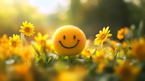 Smiley face sphere stands among yellow flowers in sunlight