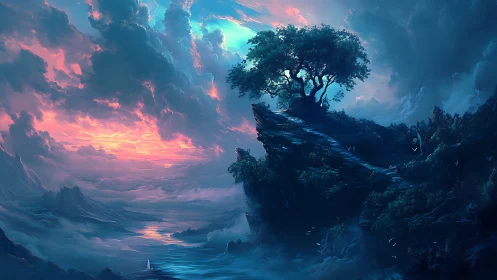 Solitary tree crowns rocky cliff overlooking surreal luminescent valley