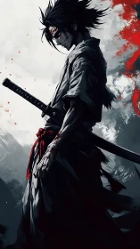 Resolute anime swordsman pausing between storm and silence.