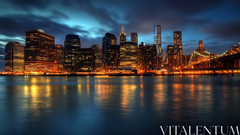 City lights shimmering over twilight harbor reflections.