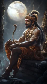 Mythic warrior figure seated under full moonlight period.