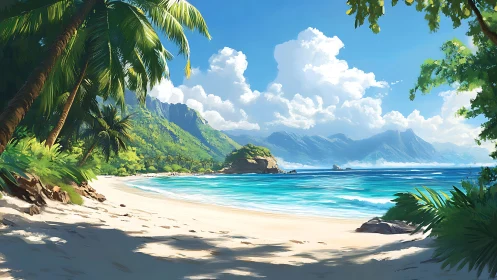 Tropical Beach Paradise with Mountain Peaks.