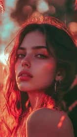 Sunlit gaze in glowing copper evening light portrait.