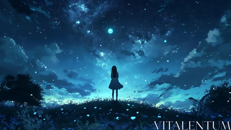 Girl on starlit hill gazes toward luminous midnight sky