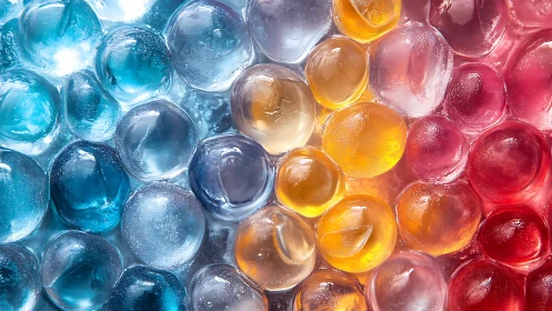 Multicolored translucent gel spheres form a dense close-up field