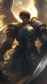 Armored archangel warrior under dramatic backlit clouds