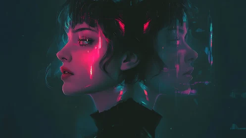 Digital side profile portrait shows dual neon-lit reflection