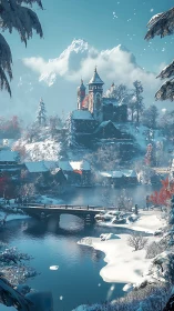 Snowy riverside village and cozy hilltop castle view.