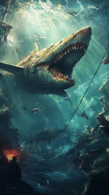 Leviathan jaws erupt amid shipwrecked abyssal graveyard.