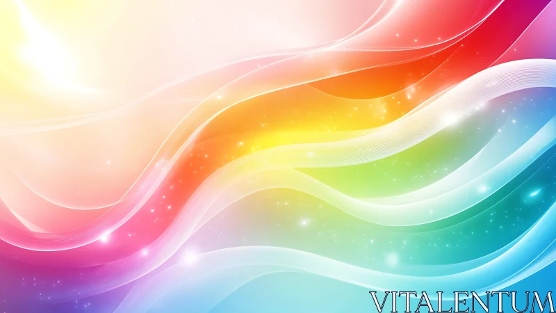 Radiant rainbow waves glow softly in a dreamy sky