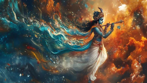 Celestial flute player drifting through swirling starlight.