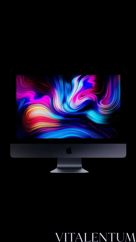 Desktop monitor displays neon fluid gradient on black background.