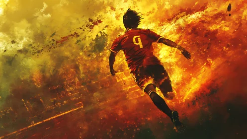 Blazing soccer runner charges forward through fiery motion