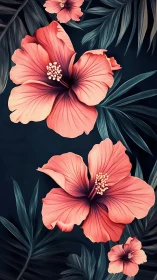 Tropical Hibiscus Flowers with Dark Foliage.