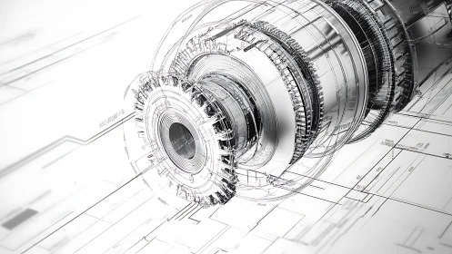 Futuristic turbine blueprint renders mechanical precision in chrome