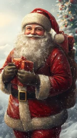 Smiling Santa Claus holds Christmas gifts in gentle snowfall.