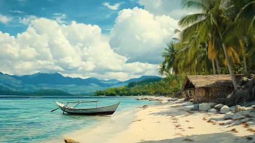 Tropical Beach Anchorage: Turquoise Waters with Moored Wooden Boat